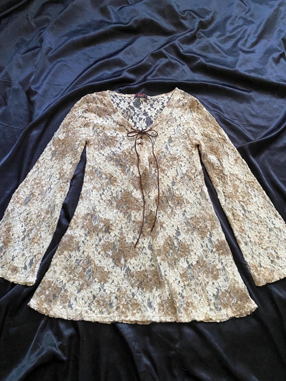 Vintage y2k Cream Brown Lace Blouse Boho Western Fairy Small Sheer